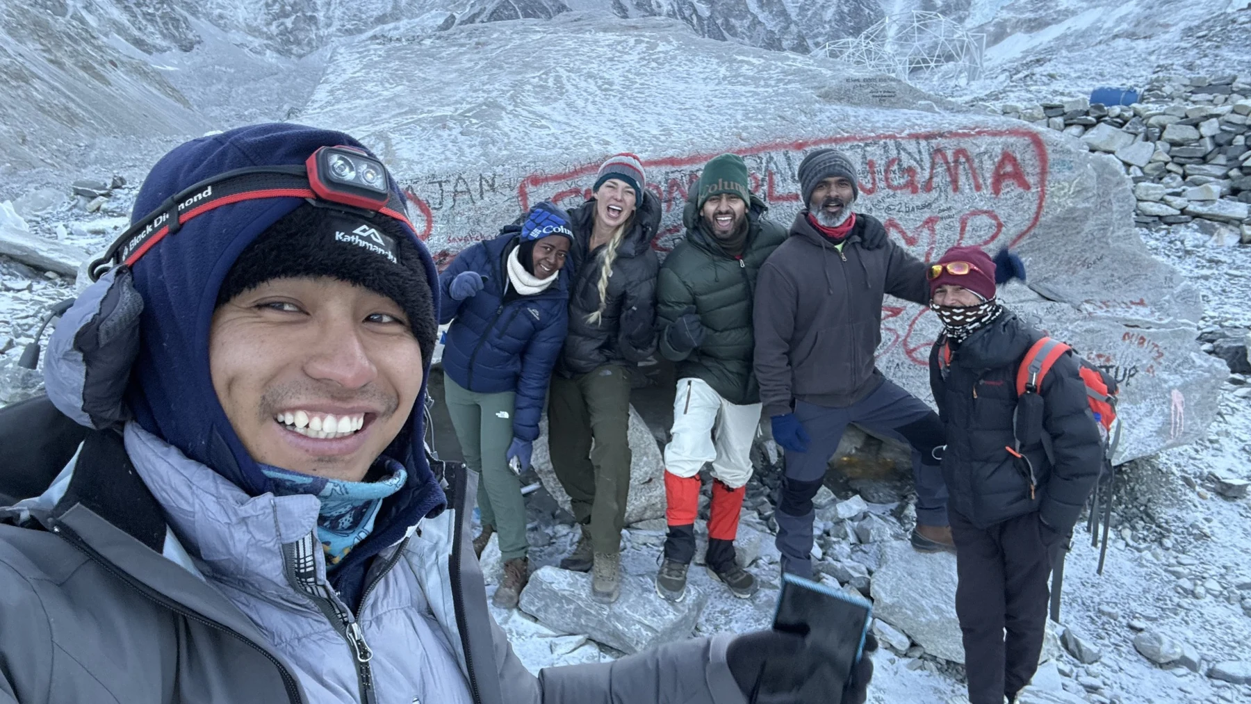 The Adrenaline Retreats group together at Everest Base Camp